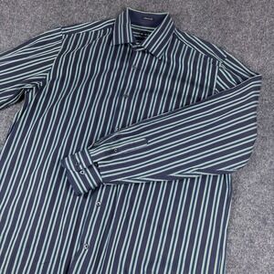 Bugatchi‎ Uomo Men's L Shirt Classic Fit Flip Cuff Blue Green Striped Office